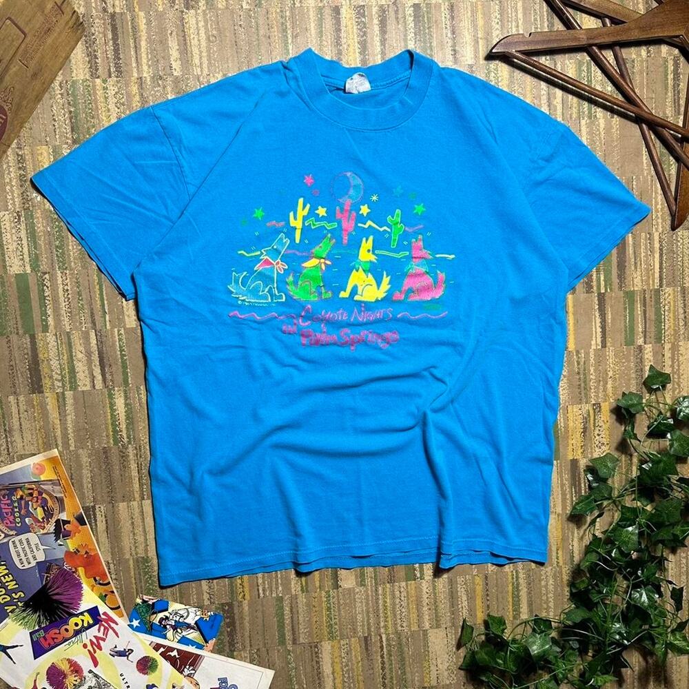 Vintage 80s 1989 Coyote Nights Palm Springs Nature Tee Mens XL Blue Pink Shirt